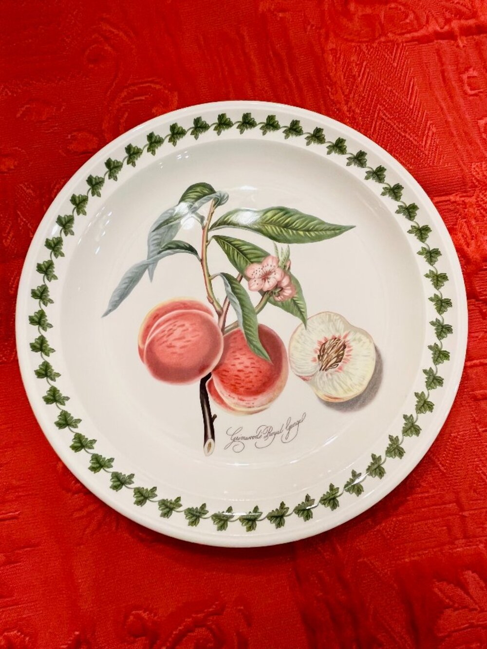 ortmeirion Pomona Dinner Plate featuring the "Grimwoods Royal George" peach
